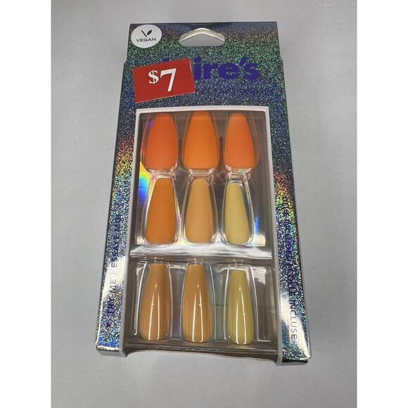 24pc Claire's‎ Fake False Press On Nails Glue On Vegan Orange Sunset Coffin - Picture 1 of 5